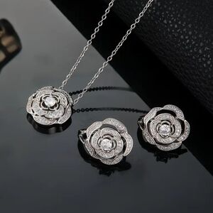 White Rhodium Camellia Earring Set